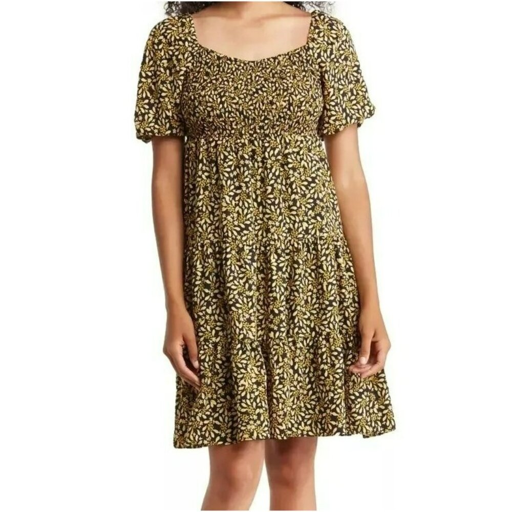 NWT Nanette Lepore Black Gold Yellow Floral Bust Shirred Dress Size 14 - Picture 2 of 15
